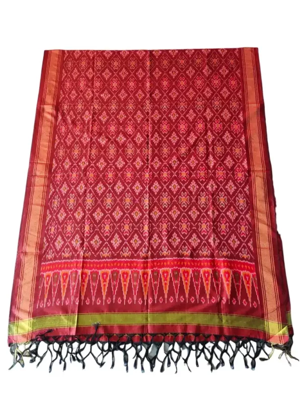"Elegant Pochampally silk dupatta with traditional ikat pattern in vibrant colors, made from cotton silk fabric"