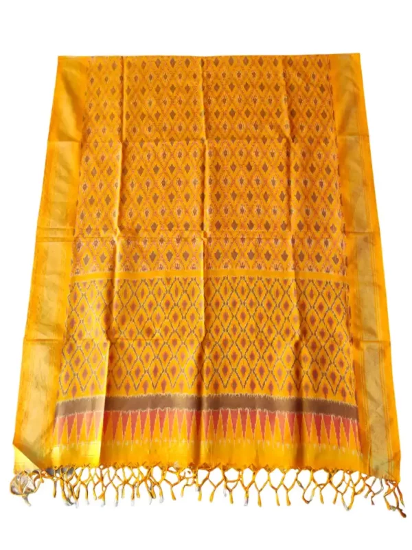 "Elegant Pochampally silk dupatta with traditional ikat pattern in vibrant colors, made from cotton silk fabric"