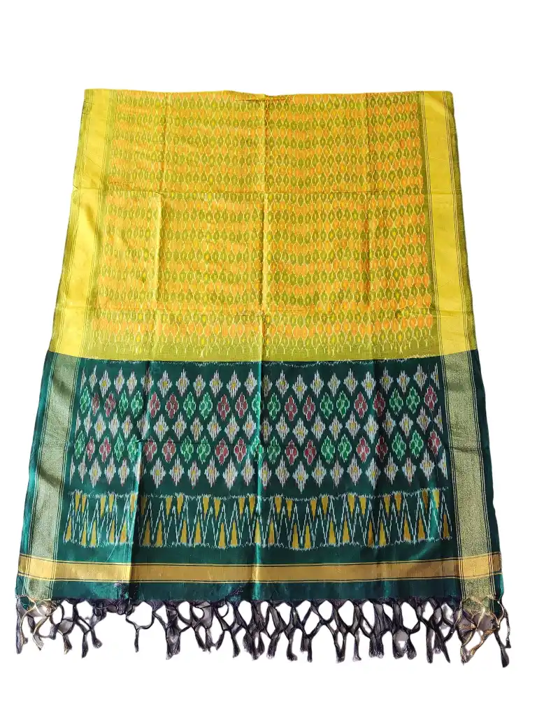 1727761993481 "Elegant Pochampally silk dupatta with traditional ikat pattern in vibrant colors, made from cotton silk fabric"