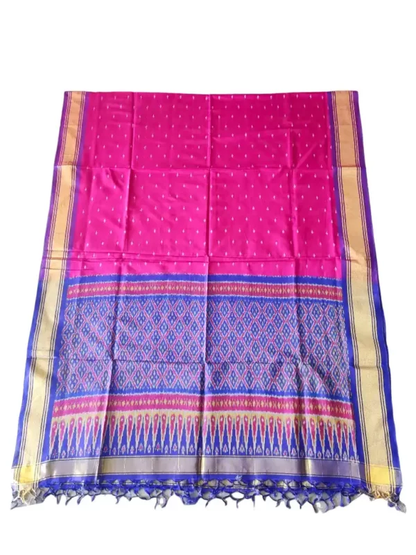 "Elegant Pochampally silk dupatta with traditional ikat pattern in vibrant colors, made from cotton silk fabric"