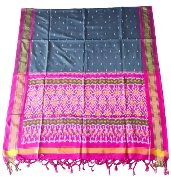 "Elegant Pochampally silk dupatta with traditional ikat pattern in vibrant colors, made from cotton silk fabric"