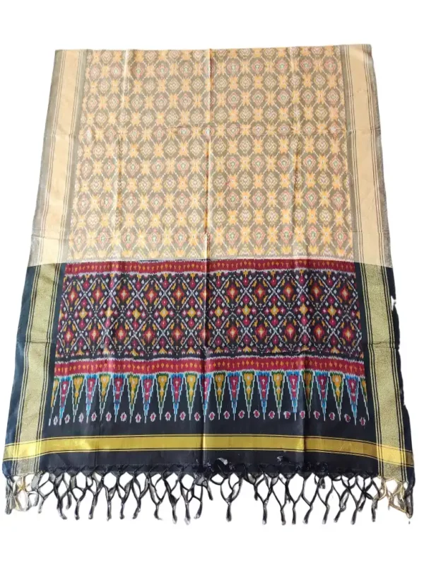 "Elegant Pochampally silk dupatta with traditional ikat pattern in vibrant colors, made from cotton silk fabric"
