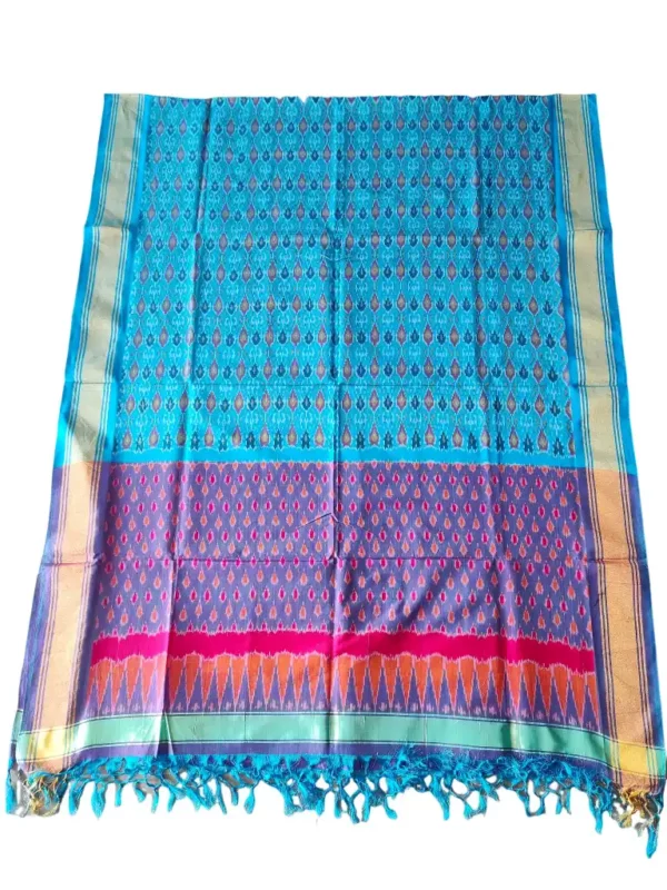 "Elegant Pochampally silk dupatta with traditional ikat pattern in vibrant colors, made from cotton silk fabric"