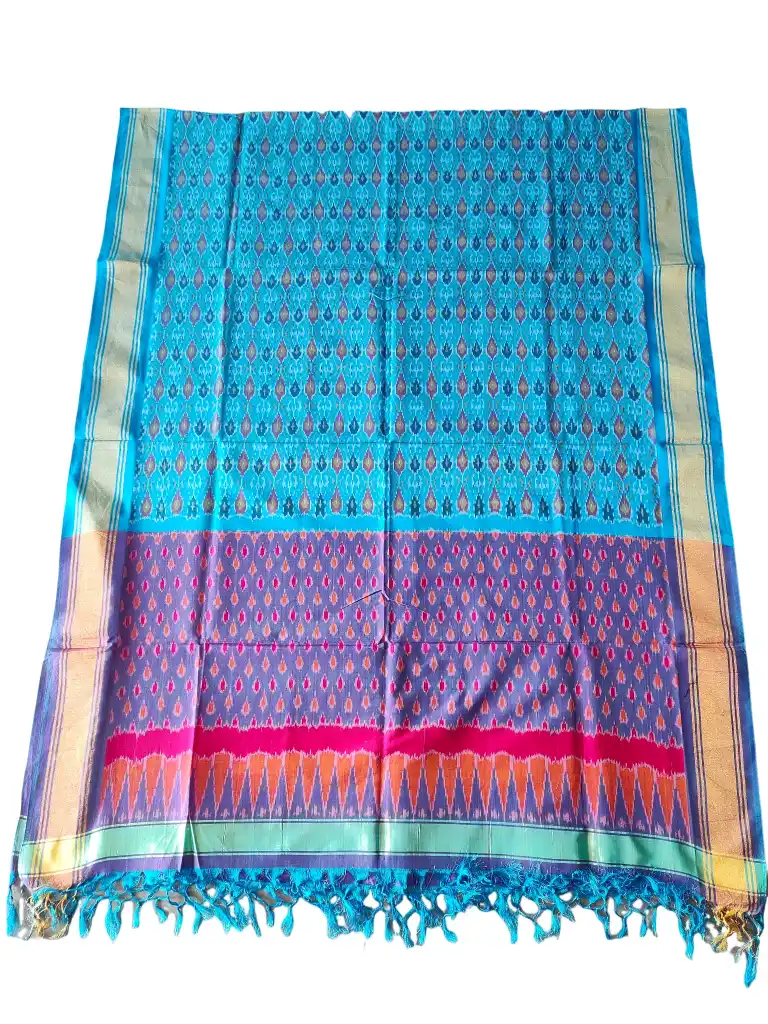 1727761993870 "Elegant Pochampally silk dupatta with traditional ikat pattern in vibrant colors, made from cotton silk fabric"