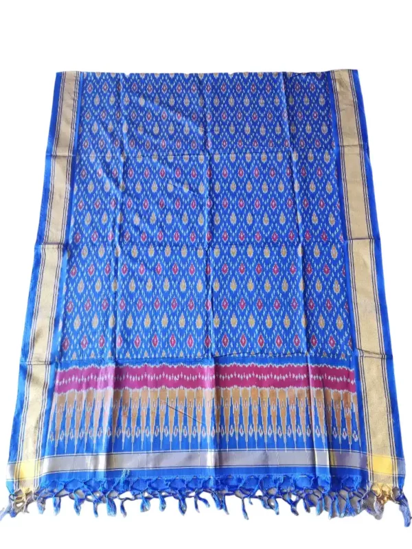 "Elegant Pochampally silk dupatta with traditional ikat pattern in vibrant colors, made from cotton silk fabric"