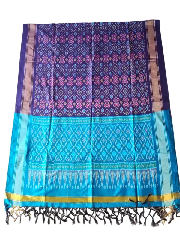 "Elegant Pochampally silk dupatta with traditional ikat pattern in vibrant colors, made from cotton silk fabric"
