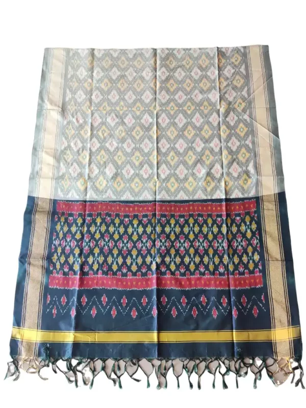 "Elegant Pochampally silk dupatta with traditional ikat pattern in vibrant colors, made from cotton silk fabric"