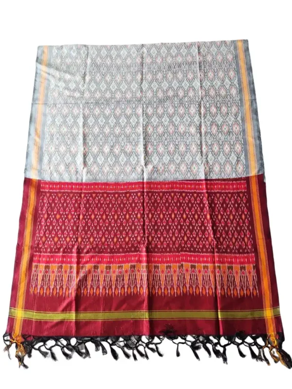 "Elegant Pochampally silk dupatta with traditional ikat pattern in vibrant colors, made from cotton silk fabric"