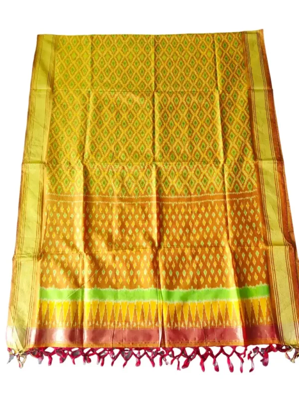 "Elegant Pochampally silk dupatta with traditional ikat pattern in vibrant colors, made from cotton silk fabric"