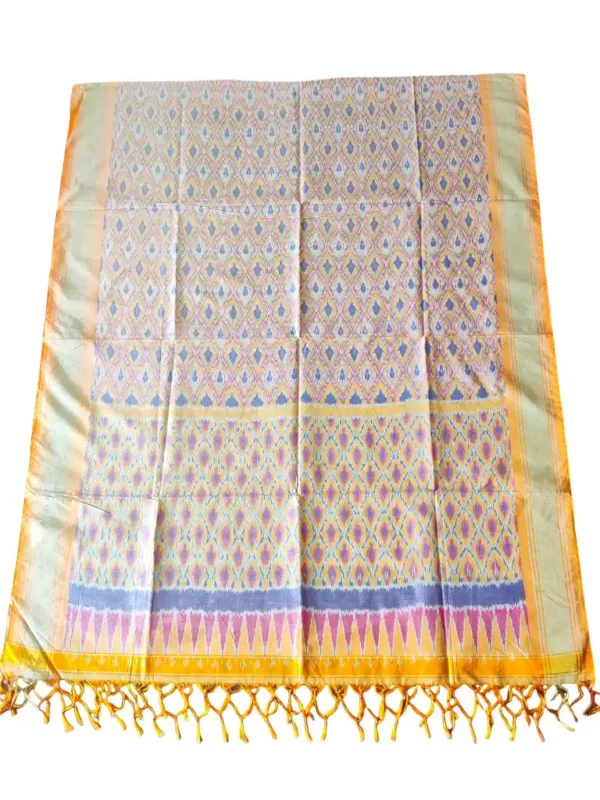 "Elegant Pochampally silk dupatta with traditional ikat pattern in vibrant colors, made from cotton silk fabric"
