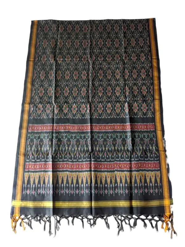 "Elegant Pochampally silk dupatta with traditional ikat pattern in vibrant colors, made from cotton silk fabric"