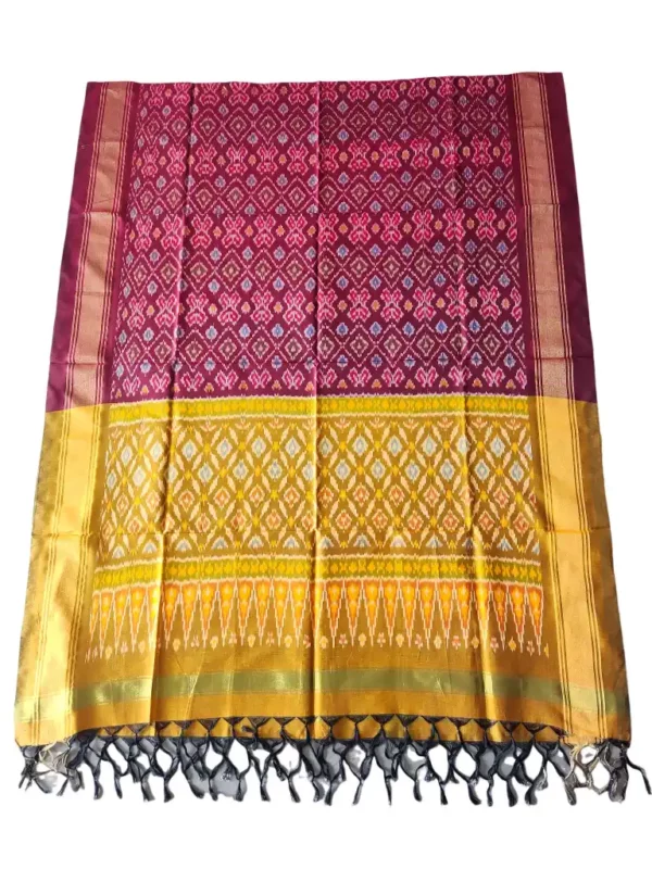 "Elegant Pochampally silk dupatta with traditional ikat pattern in vibrant colors, made from cotton silk fabric"