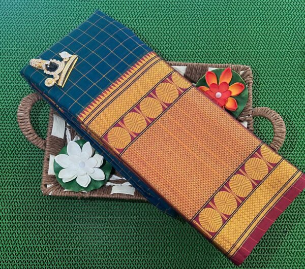 South Indian Narayanpet saree with checked design in contrasting colors