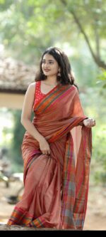 Narayanpet Mercerised Cotton Saree with Elephant Border & Stripe Pallu – 6.2m with Blouse