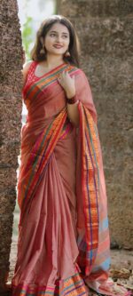 Narayanpet Mercerised Cotton Saree with Elephant Border & Stripe Pallu – 6.2m with Blouse - Image 2