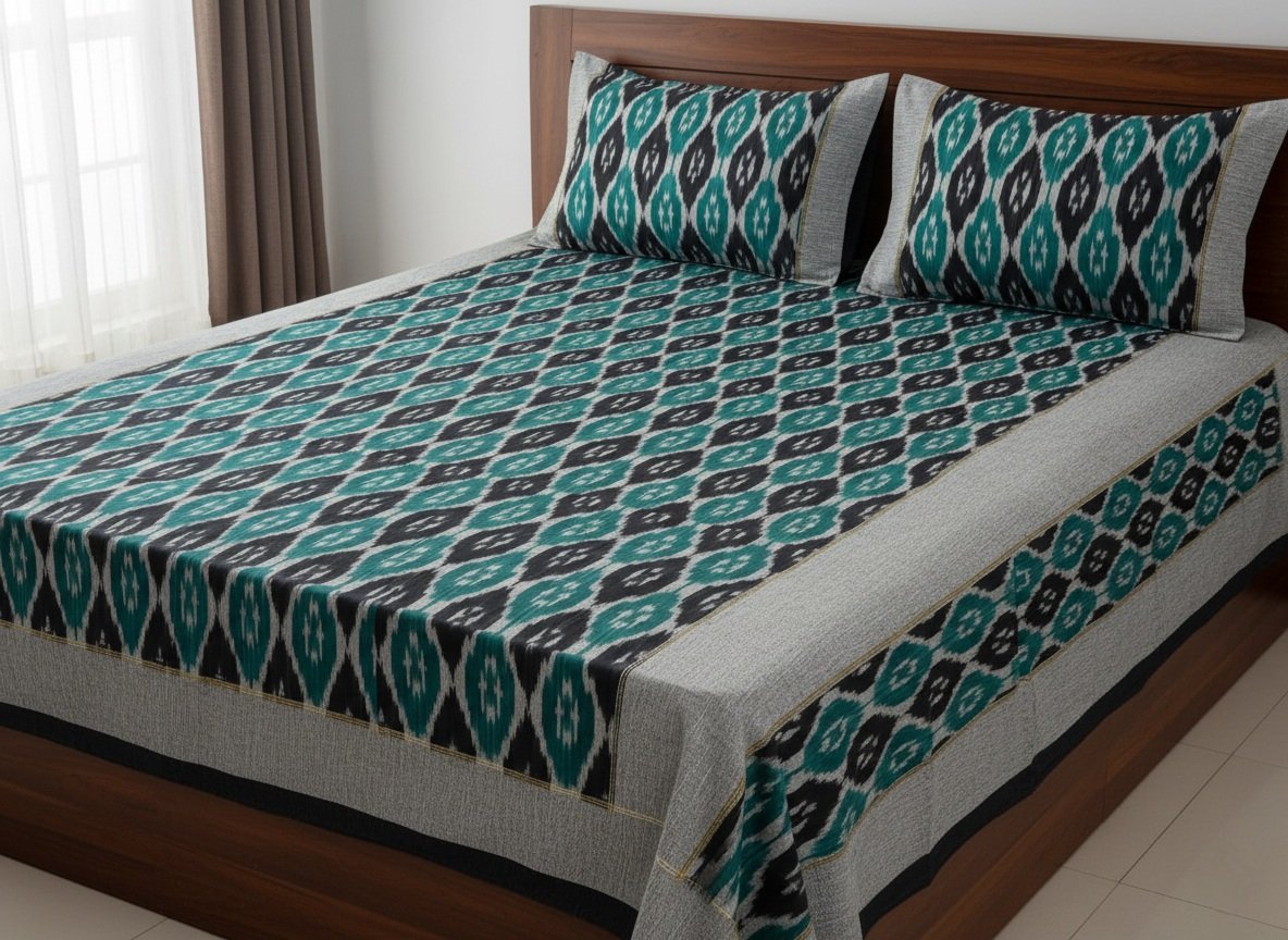 2025/10/1000401532.jpg Authentic Pochampally Ikat Bedsheet – King Size 9x7 ft with 2 Pillow Covers | Handwoven - Image 1