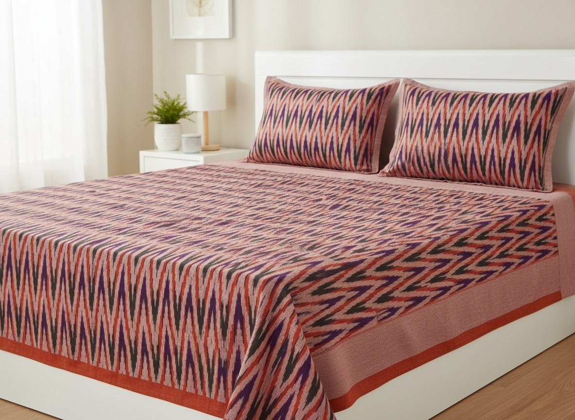 2025/10/1000401540.jpg Authentic Pochampally Ikat Bedsheet – King Size 9x7 ft with 2 Pillow Covers | Handwoven - Image 1