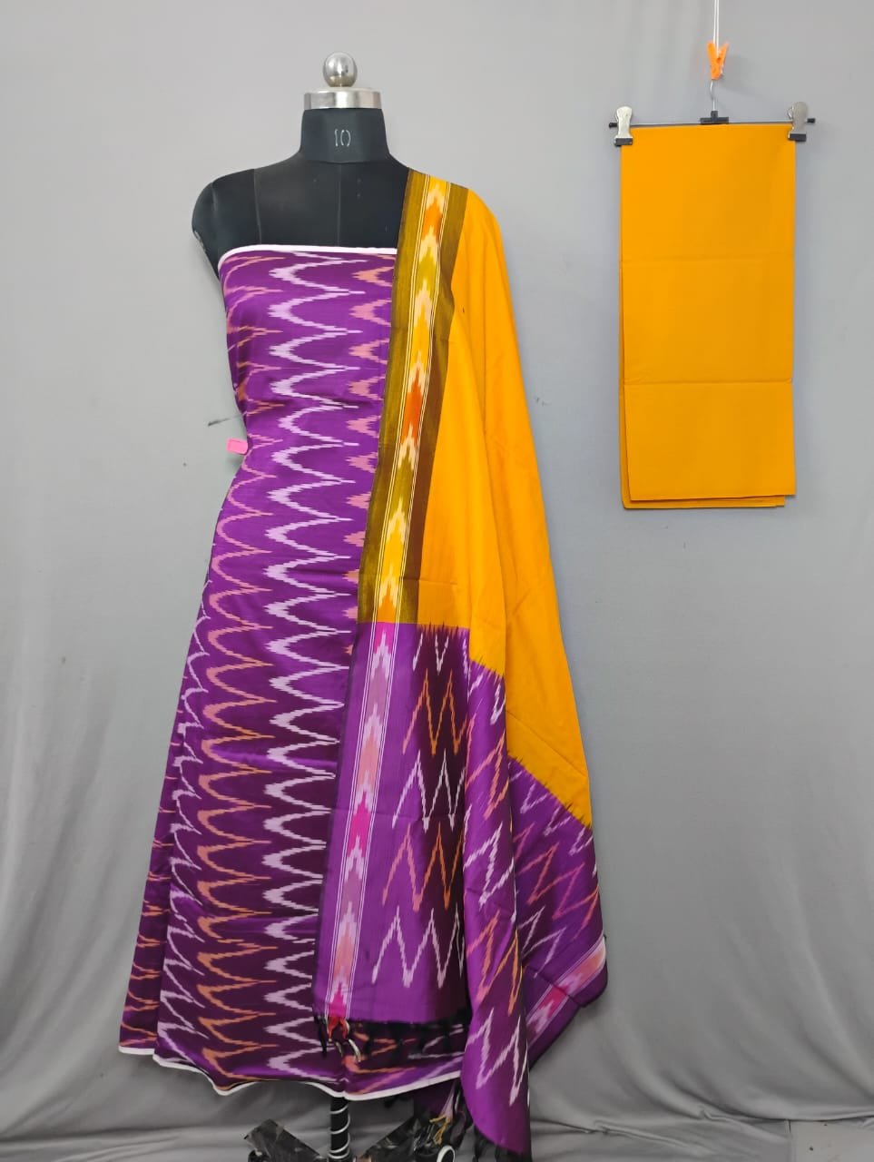 2025/10/1000404010.jpg Elegant Cotton Silk Ikat Dress Material Set – 3 Pieces - Image 1