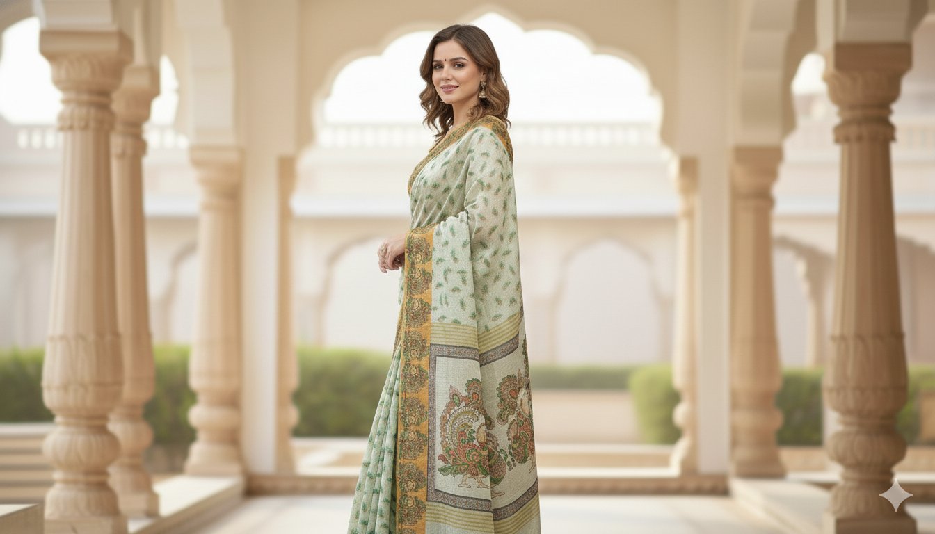 2025/10/1000404440.jpg Premium Swastik fancy Silk Saree with Matching Blouse Piece - Image 1